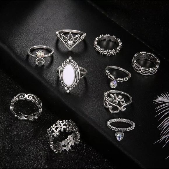 10 Pcs/Set Boho Antique Silver Crystal Rings - Picture 2 of 8